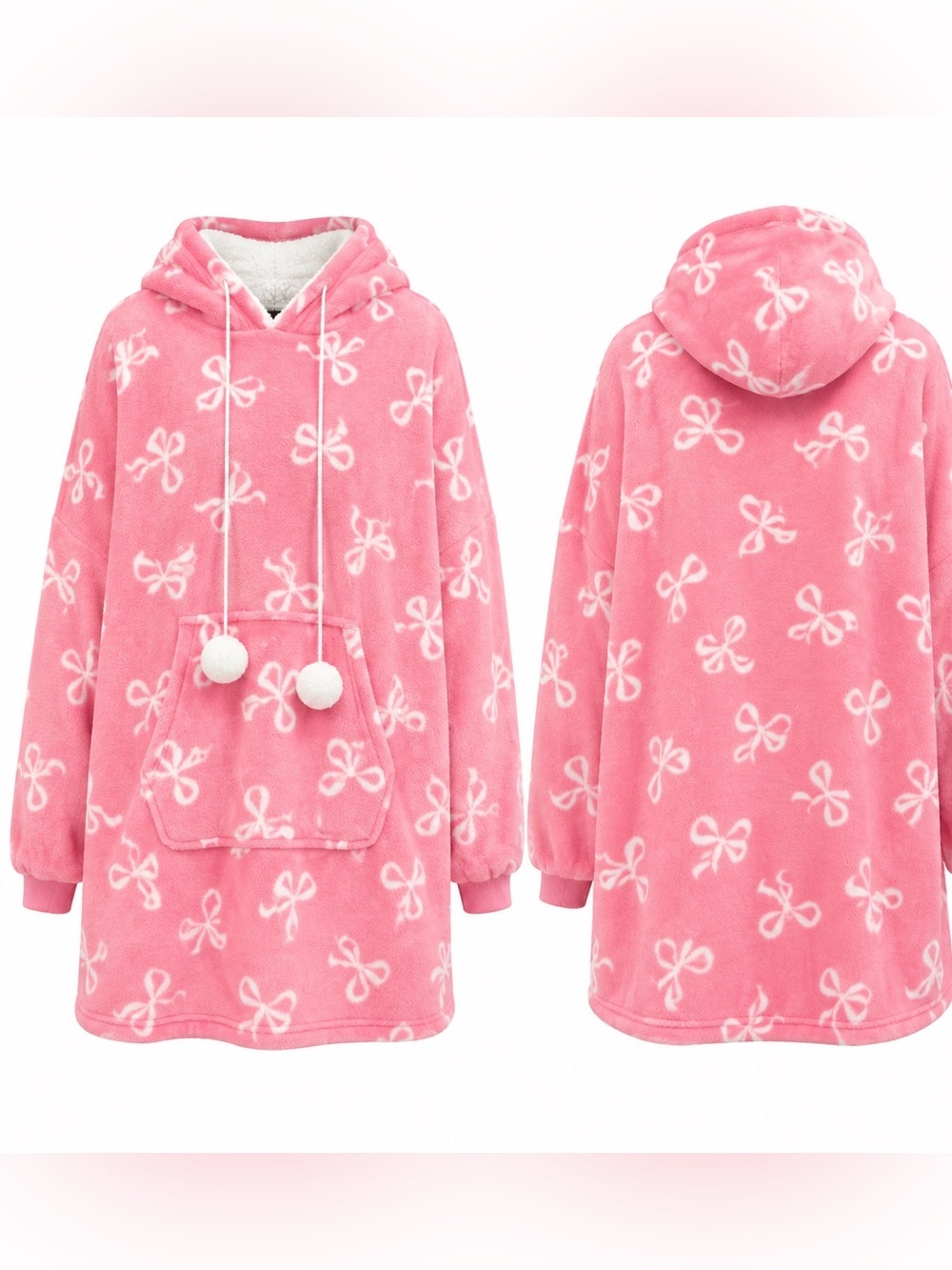 Women’s Pink Bow Print Oversized Sherpa Lined Hooded Blanket Hoodie O/S